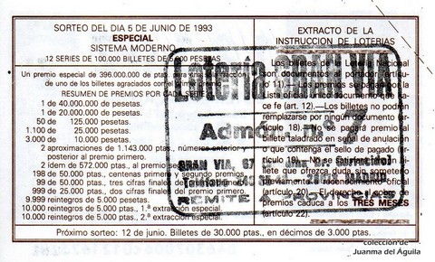 Reverso del décimo de Lotería Nacional de 1993 Sorteo 46