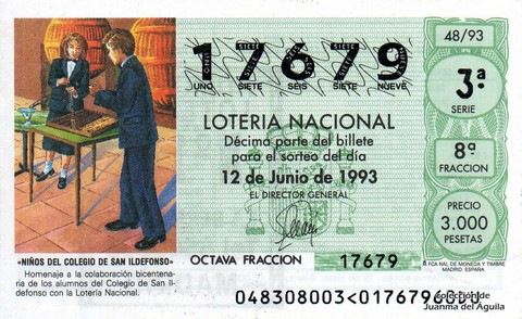 Décimo de Lotería Nacional de 1993 Sorteo 48 - «NIÑOS DEL COLEGIO DE SAN ILDEFONSO»