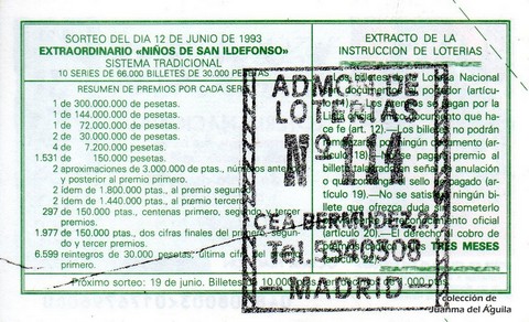 Reverso del décimo de Lotería Nacional de 1993 Sorteo 48