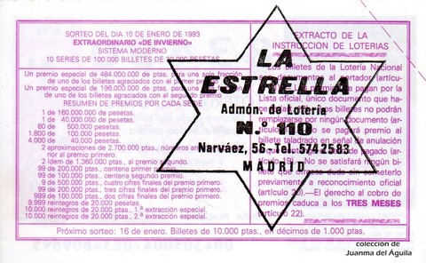 Reverso del décimo de Lotería Nacional de 1993 Sorteo 4