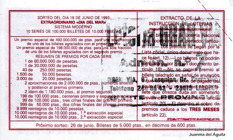 Reverso del décimo de Lotería Nacional de 1993 Sorteo 50