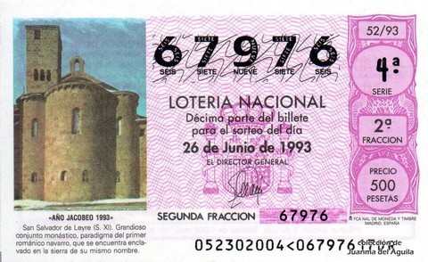 Décimo de Lotería Nacional de 1993 Sorteo 52 - «AÑO JACOBEO 1993» - SAN SALVADOR DE LEYRE (S. XI)