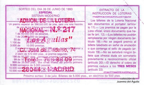 Reverso del décimo de Lotería Nacional de 1993 Sorteo 52