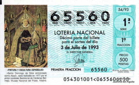 Décimo de Lotería Nacional de 1993 Sorteo 54 - «PINTURA Y ESCULTURA ESPAÑOLAS» - SANTO DOMINGO DE SILOS ENTRONIZADO COMO ABAD