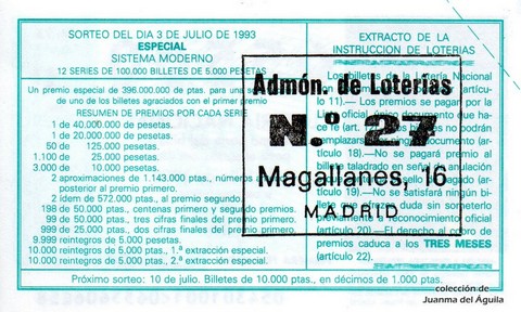 Reverso del décimo de Lotería Nacional de 1993 Sorteo 54