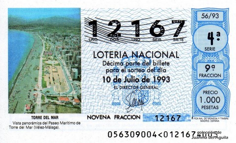 Décimo de Lotería Nacional de 1993 Sorteo 56 - TORRE DEL MAR