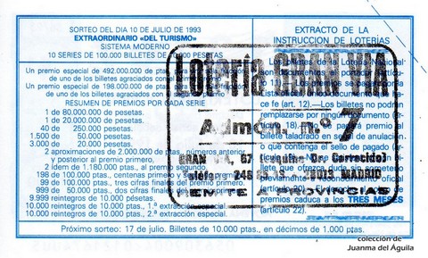 Reverso del décimo de Lotería Nacional de 1993 Sorteo 56