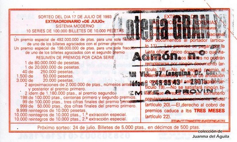 Reverso del décimo de Lotería Nacional de 1993 Sorteo 58