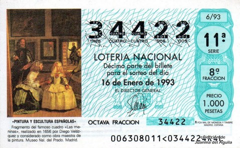 Décimo de Lotería Nacional de 1993 Sorteo 6 - «PINTURA Y ESCULTURA ESPAÑOLAS» - FRAGMENTO DEL FAMOSO CUADRO «LAS MENINAS»