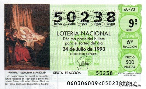 Décimo de Lotería Nacional de 1993 Sorteo 60 - «PINTURA Y ESCULTURA ESPAÑOLAS» - «EL TESTAMENTO DE ISABEL LA CATOLICA»