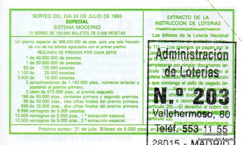 Reverso del décimo de Lotería Nacional de 1993 Sorteo 60