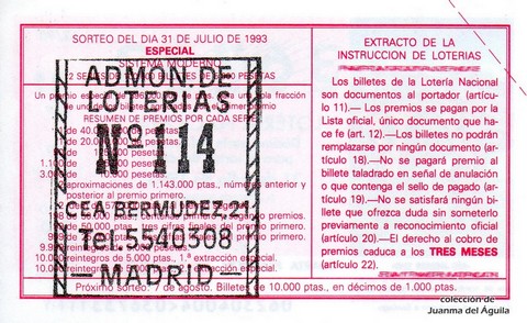Reverso del décimo de Lotería Nacional de 1993 Sorteo 62