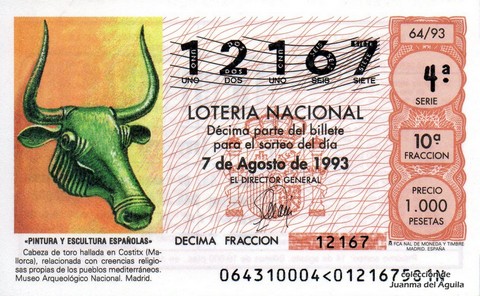 Décimo de Lotería Nacional de 1993 Sorteo 64 - «PINTURA Y ESCULTURA ESPAÑOLAS» - CABEZA DE TORO HALLADA EN COSTITX (MALLORCA)
