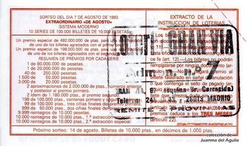 Reverso del décimo de Lotería Nacional de 1993 Sorteo 64