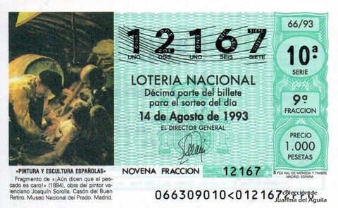 Décimo de Lotería Nacional de 1993 Sorteo 66 - «PINTURA Y ESCULTURA ESPAÑOLAS» - FRAGMENTO DE «¡AUN DICEN QUE EL PESCADO ES CARO!»
