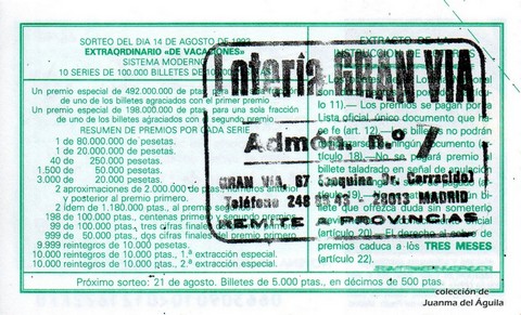 Reverso del décimo de Lotería Nacional de 1993 Sorteo 66