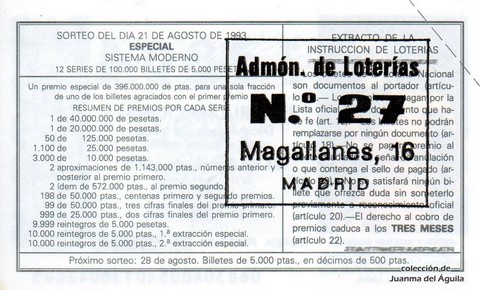 Reverso del décimo de Lotería Nacional de 1993 Sorteo 68