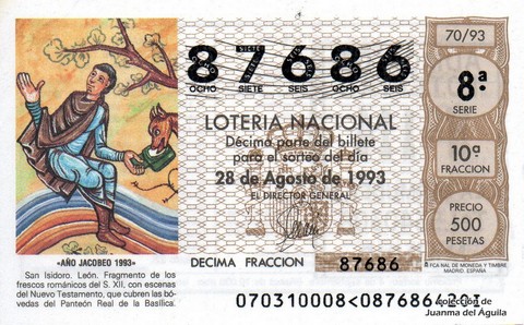 Décimo de Lotería Nacional de 1993 Sorteo 70 - «AÑO JACOBEO 1993» - SAN ISIDORO. LEON. FRAGMENTO DE LOS FRESCOS ROMANICOS DEL S. XII