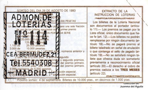 Reverso del décimo de Lotería Nacional de 1993 Sorteo 70