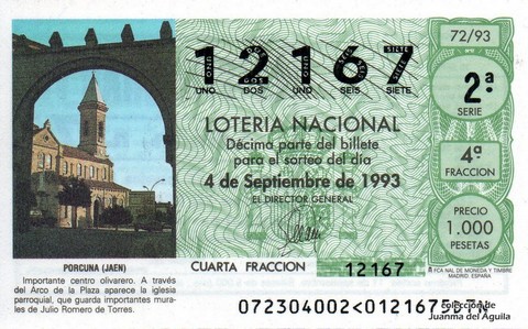 Décimo de Lotería Nacional de 1993 Sorteo 72 - PORCUNA (JAEN)