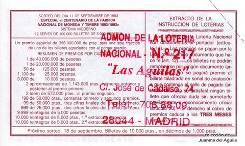 Reverso del décimo de Lotería Nacional de 1993 Sorteo 74