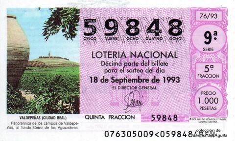 Décimo de Lotería Nacional de 1993 Sorteo 76 - VALDEPEÑAS (CIUDAD REAL)