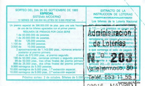 Reverso décimo de Lotería 1993 / 78