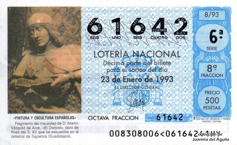 Décimo de Lotería Nacional de 1993 Sorteo 8 - «PINTURA Y ESCULTURA ESPAÑOLAS» - FRAGMENTO DEL MAUSOLEO DE «EL DONCEL»