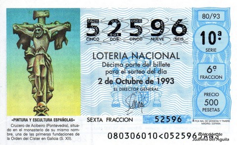 Décimo de Lotería Nacional de 1993 Sorteo 80 - «PINTURA Y ESCULTURA ESPAÑOLAS» - CRUCERO DE ACIBEIRO (PONTEVEDRA)