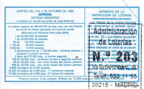 Reverso del décimo de Lotería Nacional de 1993 Sorteo 80