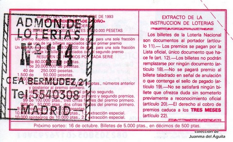 Reverso del décimo de Lotería Nacional de 1993 Sorteo 82