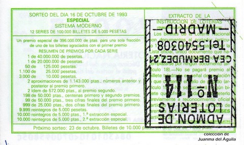 Reverso del décimo de Lotería Nacional de 1993 Sorteo 84