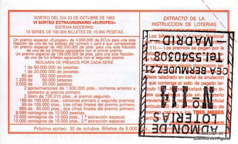 Reverso del décimo de Lotería Nacional de 1993 Sorteo 86