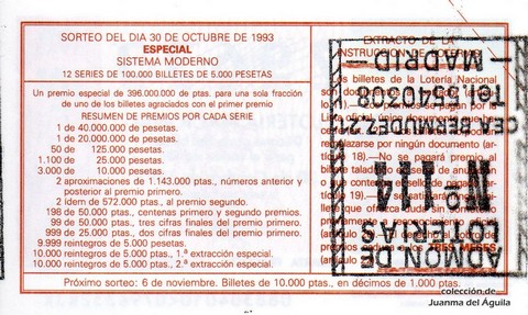 Reverso del décimo de Lotería Nacional de 1993 Sorteo 88