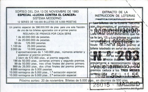 Reverso décimo de Lotería 1993 / 92