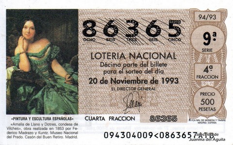 Décimo de Lotería Nacional de 1993 Sorteo 94 - «PINTURA Y ESCULTURA ESPAÑOLAS» - AMALIA DE LLANO Y DOTRES, CONDESA DE VILCHES