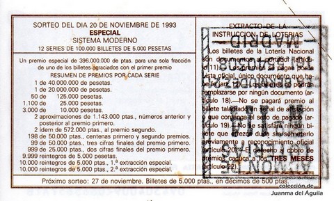 Reverso del décimo de Lotería Nacional de 1993 Sorteo 94