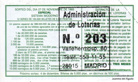 Reverso del décimo de Lotería Nacional de 1993 Sorteo 96