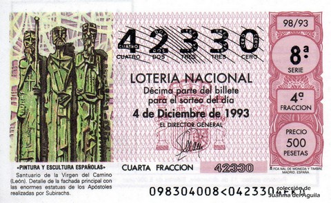 Décimo de Lotería Nacional de 1993 Sorteo 98 - «PINTURA Y ESCULTURA ESPAÑOLAS» - SANTUARIO DE LA VIRGEN DEL CAMINO (LEON)