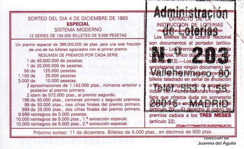 Reverso del décimo de Lotería Nacional de 1993 Sorteo 98