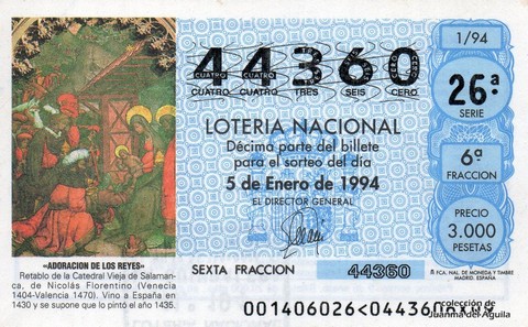 Décimo de Lotería Nacional de 1994 Sorteo 1 - «ADORACION DE LOS REYES»