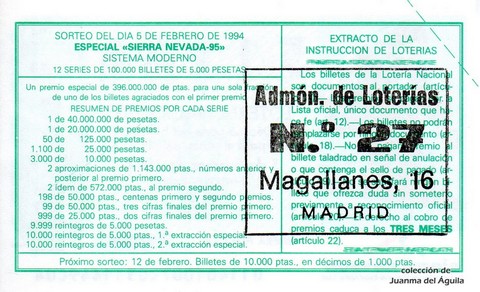 Reverso del décimo de Lotería Nacional de 1994 Sorteo 11