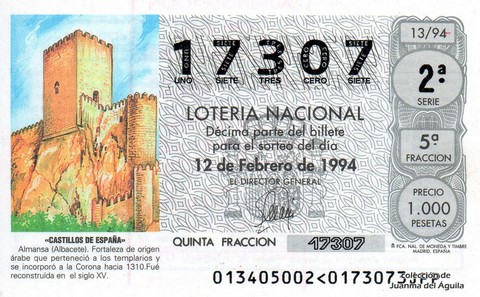 Décimo de Lotería Nacional de 1994 Sorteo 13 - «CASTILLOS DE ESPAÑA» - ALMANSA (ALBACETE)