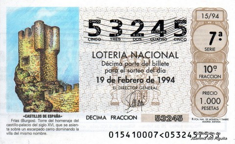 Décimo de Lotería Nacional de 1994 Sorteo 15 - «CASTILLOS DE ESPAÑA» - FRÍAS (BURGOS)