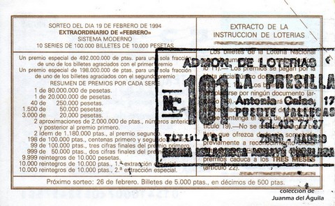 Reverso del décimo de Lotería Nacional de 1994 Sorteo 15