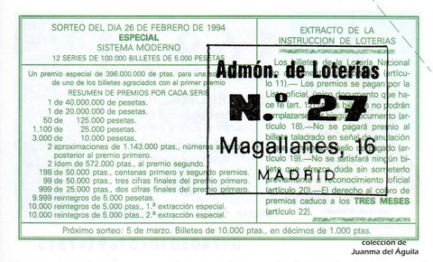 Reverso del décimo de Lotería Nacional de 1994 Sorteo 17