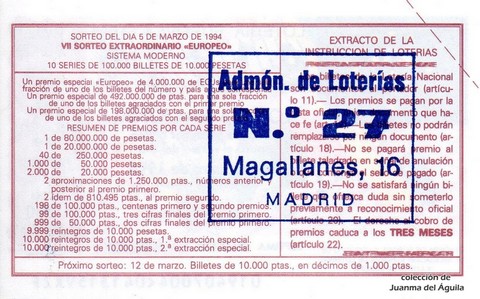 Reverso del décimo de Lotería Nacional de 1994 Sorteo 19