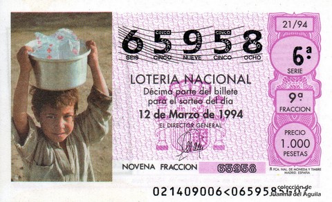 Décimo de Lotería Nacional de 1994 Sorteo 21 - «CRUZ ROJA ESPAÑOLA» DIGNIDAD PARA TODOS