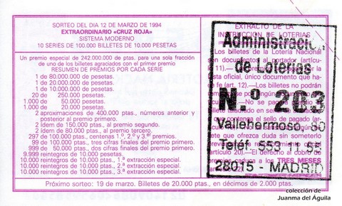 Reverso décimo de Lotería 1994 / 21