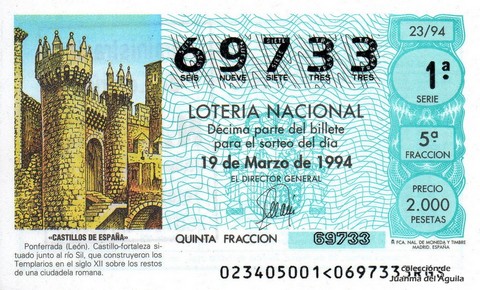 Décimo de Lotería Nacional de 1994 Sorteo 23 - «CASTILLOS DE ESPAÑA» - PONFERRADA (LEÓN)